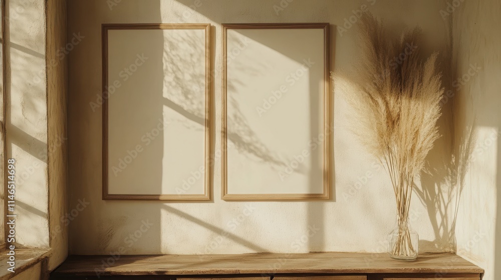 Poster a serene interior scene featuring empty frames and pampas grass, illuminated by soft sunlight creati