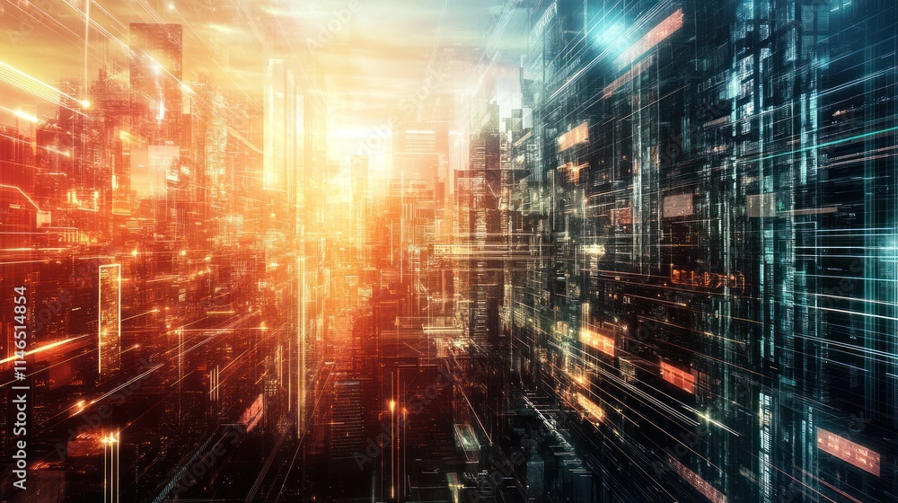 Poster futuristic cityscape with glowing lines and structures, evoking a digital landscape.