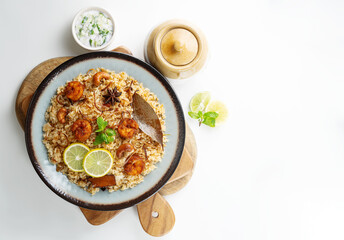 Delicious prawns biryani top view