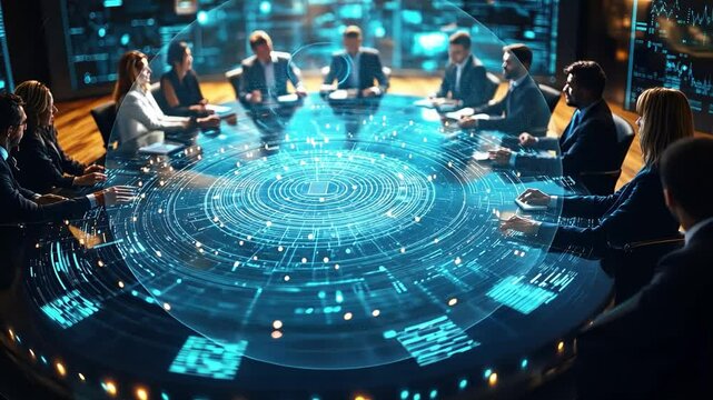 The Future of Business: A diverse group of professionals engage in a futuristic board meeting around a holographic table, showcasing cutting-edge technology and innovation.  