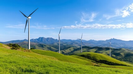 A scenic view of wind turbines on rolling green hills, under a clear blue sky, showcasing renewable energy and natural beauty.