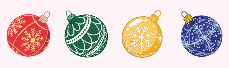 Christmas balls vector set design featuring ornaments with snowflake patterns, set against a white background, perfect for holiday season decoration. Vector illustration.