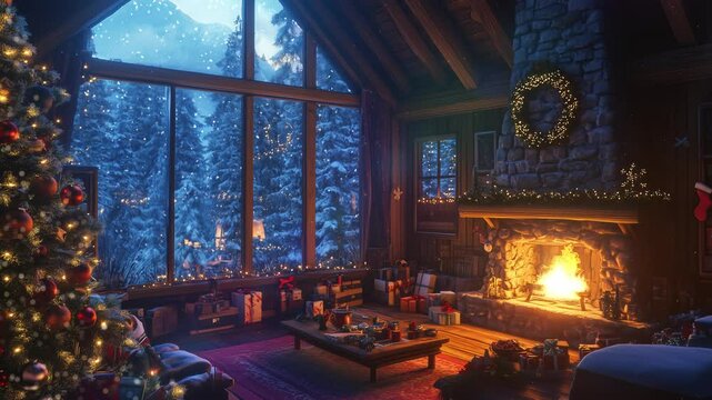 Animated Lo-fi loop background. Winter christmas cozy living room with fireplace window and snow. Magical and fantasy atmosphere. Generative AI