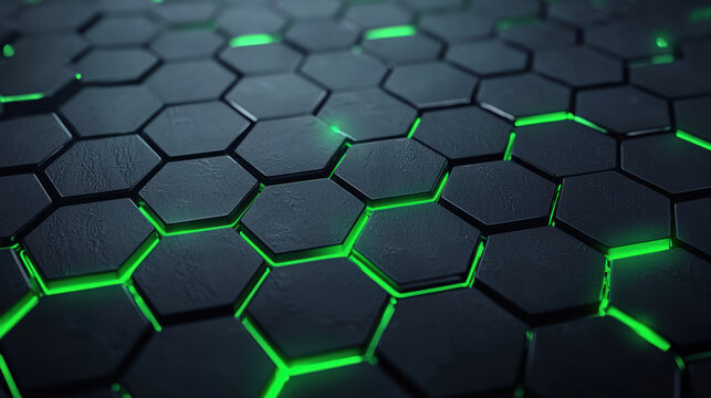 Dark hexagonal pattern with glowing green neon accents, futuristic and modern design