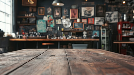 Fototapeta premium close up of empty wooden table with blurred tattoo parlor background