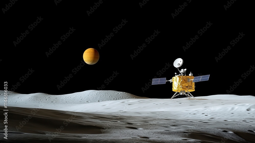Poster a lunar lander on the moon's surface with a distant planet visible in the background, showcasing the
