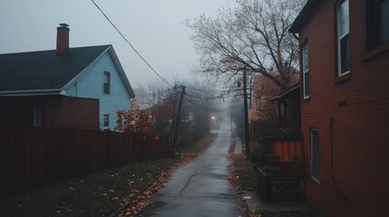 Obraz premium Foggy Autumn Street Scene in Residential Neighborhood