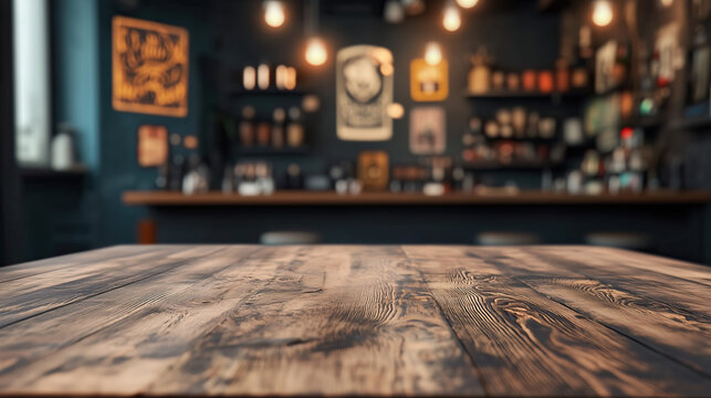 close up of empty wooden table with blurred tattoo parlor background