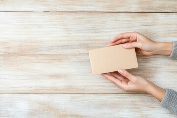 Obraz premium Hands Exchanging Package on Rustic Wooden Table in Natural Light – Concept of Trust and Minimalism