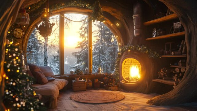 Animated Lo-fi loop background. Winter christmas cozy living room with fireplace window and snow. Magical and fantasy atmosphere. Generative AI
