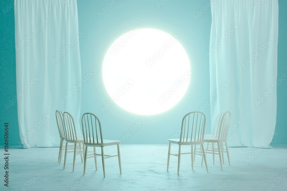 Poster surreal minimalist gathering empty chairs in soft spotlight
