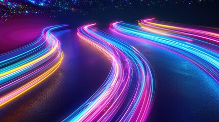 Abstract swirling neon light trails in a dark background