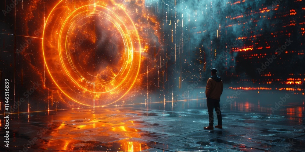 Aufkleber man standing in front of a glowing orange portal with futuristic digital patterns and atmospheric li
