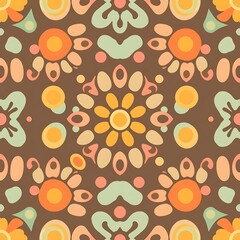 Retro Floral Pattern: Seamless, vibrant pattern featuring abstract floral motifs in a retro color palette of brown, orange, yellow, and blue.  Perfect for textile design, wallpaper.