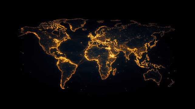 Fototapeta A glowing world map depicting connectivity and data flow across continents.