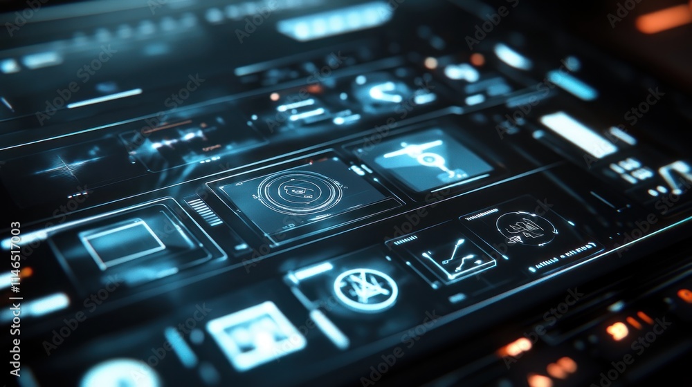 Poster futuristic digital interface with various control panels and data visualizations.