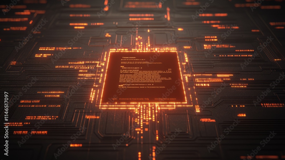 Poster futuristic circuit board with glowing code display