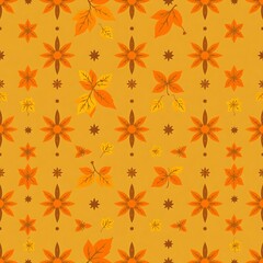 Autumn Leaves Floral Pattern: A charming, seamless pattern featuring orange and yellow leaves and stylized floral designs on a warm yellow background. Perfect for fall-themed projects, invitations.
