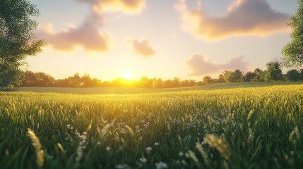 Obraz premium Rural Landscape with Wheat Field at Sunset 16K Resolution