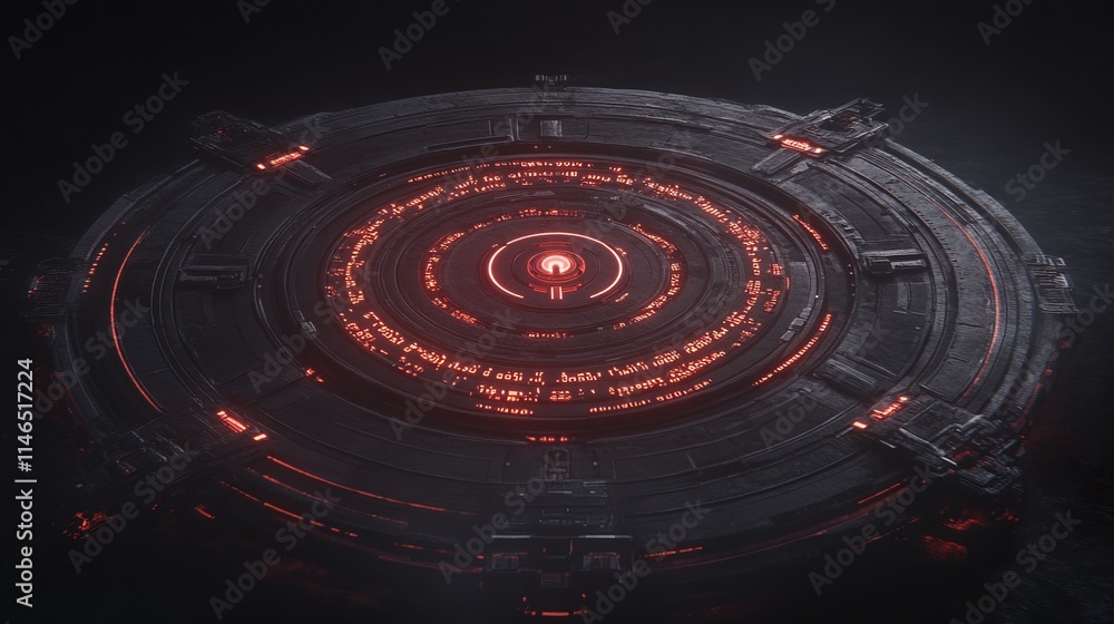 Poster futuristic circular device with red glowing interface