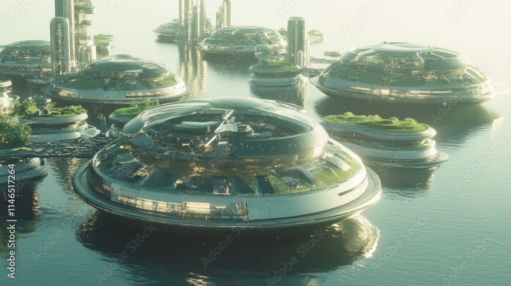 Poster Futuristic floating structures on water, showcasing advanced architecture and green spaces.