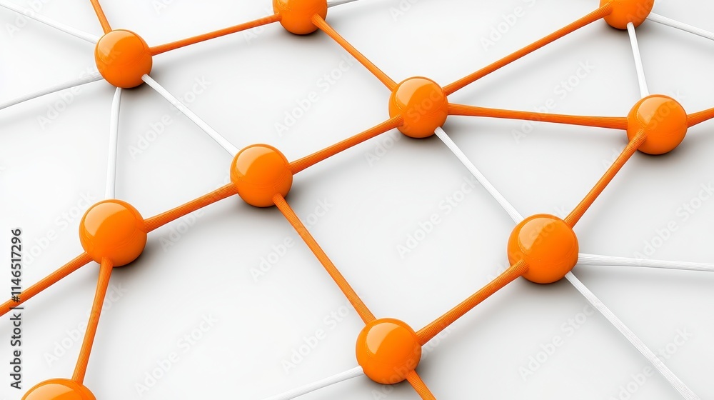 Poster a network of interconnected nodes with orange spheres and white connecting lines, illustrating a mod