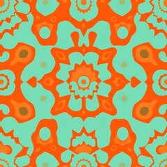 Abstract Teal and Orange Geometric Pattern: A vibrant, seamless pattern featuring geometric shapes in teal, orange, and brown, creating a mesmerizing kaleidoscope of color and form.