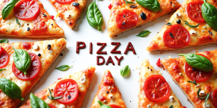 whole pizza and pizza slices with the inscription pizza day
