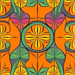 Vibrant Mandala Pattern:  A captivating seamless pattern featuring a kaleidoscope of orange, green, and pink floral designs, creating a mesmerizing and symmetrical artwork. Perfect for textile prints.