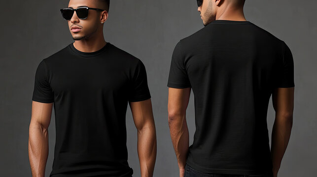 Modern Black T-Shirt Mockup with Male Model in Photo Studio: Front and Back Views for Fashion Brand Presentation
