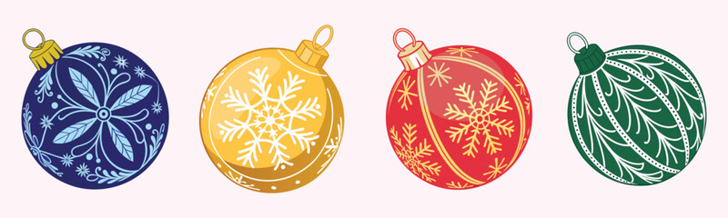 Christmas balls vector set design featuring ornaments with snowflake patterns, set against a white background, perfect for holiday season decoration. Vector illustration.