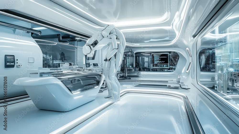 Poster Futuristic laboratory with a robotic arm assisting in a sterile environment.