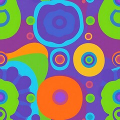 Groovy Retro Circles Seamless Pattern: A vibrant and psychedelic seamless pattern featuring colorful circles and abstract shapes on a rich purple background, perfect for 60s and 70s inspired designs.