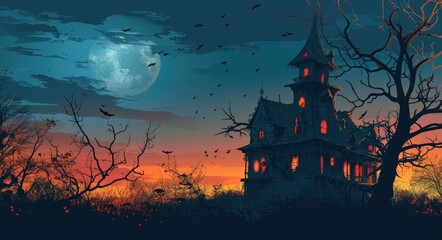 Spooky Halloween Night: Creepy Haunted House and Full Moon with Silhouetted Bat