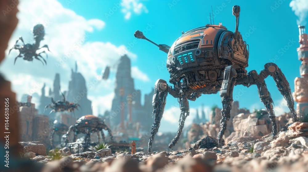 Aufkleber Futuristic landscape with robotic creatures exploring a desolate terrain.