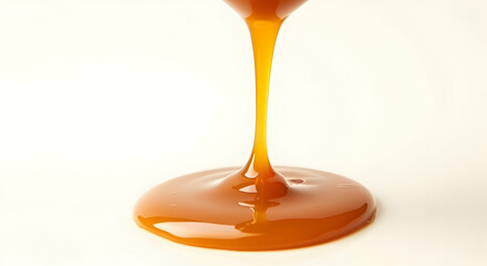 Golden caramel stream flows, creating a luscious puddle on a pristine white background. Sweet, rich, and decadent!