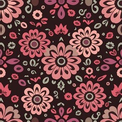 Floral Pattern: Seamless repeating pattern with bright pink and red flowers and leaves on a dark brown background, perfect for fabric, wallpaper, and digital projects. 