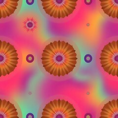 Psychedelic Floral Pattern: Vibrant, swirling patterns of abstract flowers, circles, and gradients in an explosion of color.  A bold and hypnotic design, perfect for a psychedelic, retro.