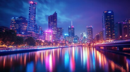 Obraz premium melbourne cityscape night lights reflection