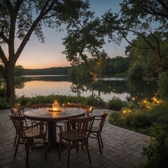 A trivia game night at an outdoor patio overlooking a tranquil lake, with wooden chairs, fairy lights, and a soft breeze rustling the trees.