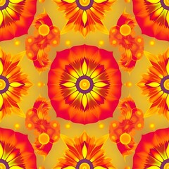 Vibrant Mandala Pattern: A captivating kaleidoscope of fiery orange and yellow hues, forming a mesmerizing pattern of intricate floral motifs.