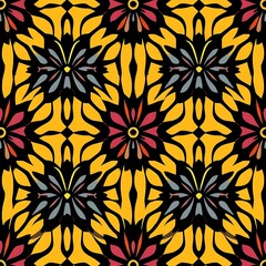 Abstract Yellow Floral Pattern: A vibrant and intricate seamless pattern featuring bold, stylized floral motifs in shades of yellow, black, pink, and blue.