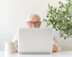 Elderly Man Embracing Technology with Laptop in Cozy Home Setting
