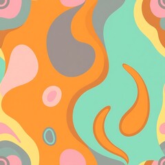 Abstract Swirls: Seamless pattern with vibrant, organic shapes in a playful color palette of orange, turquoise, pink, and grey. Perfect for adding a modern and energetic touch to your designs.  