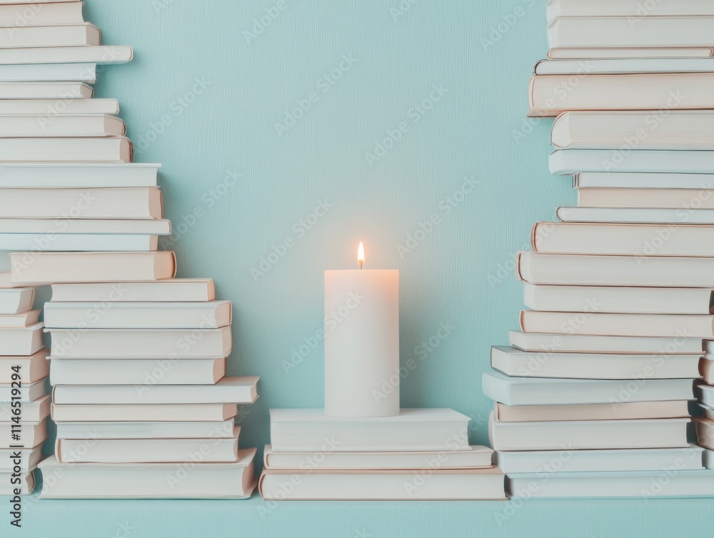 Poster contemplative glow candle surrounded by books in surreal minimalist style