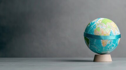 Globe with blue ribbon on gray background.
