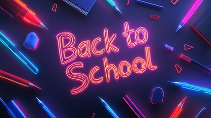 A glowing retro-inspired design featuring txt " Back to School "text in colorful neon lights, 