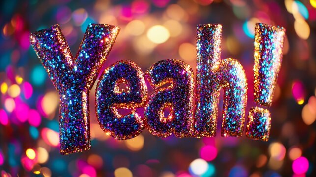 The image is a colorful and vibrant display of the word "YEAH" with glittery letters. The glitter adds a sense of excitement and fun to the word, making it stand out and catch the viewer's attention