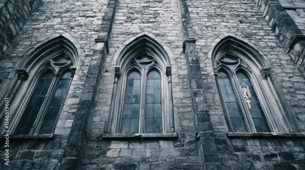 Aufkleber gothic architecture featuring three arched windows on a stone wall.