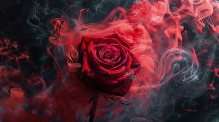The contrast of the crimson bloom and smoky tendrils evokes a sense of passion and mystery.